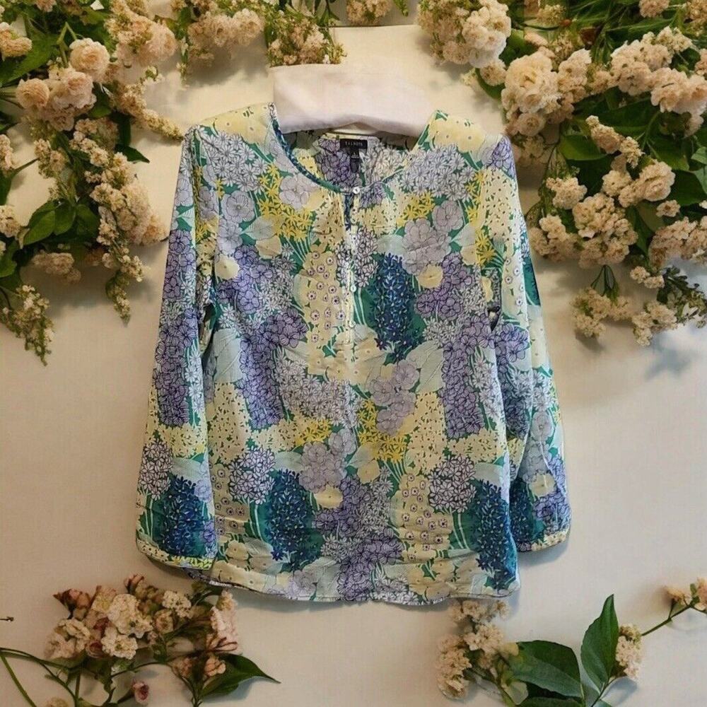 Talbots Blouse Top Peasant Womens Sz L Blue Green Yellow Floral LSleeve Cotton